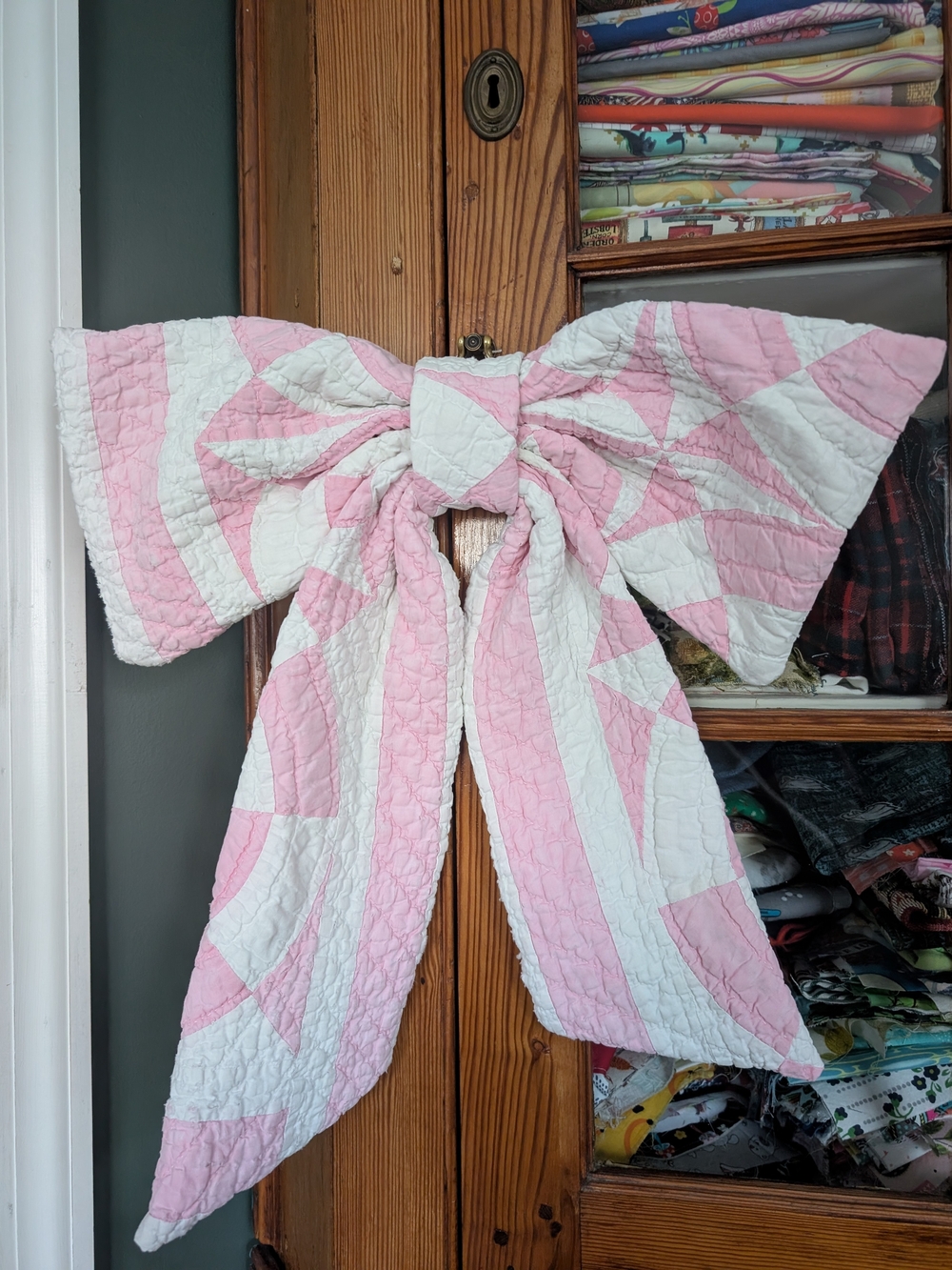 Cottagecore Pink and White Quilt Bow Accent Home Decor